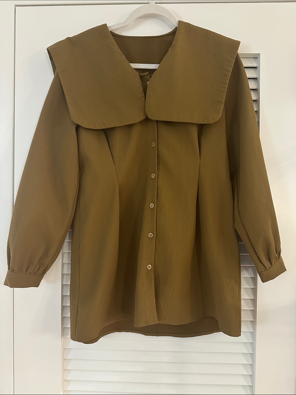 Olive Brown Oversized Sailor Peter Pan Collar Cotton Button Blouse